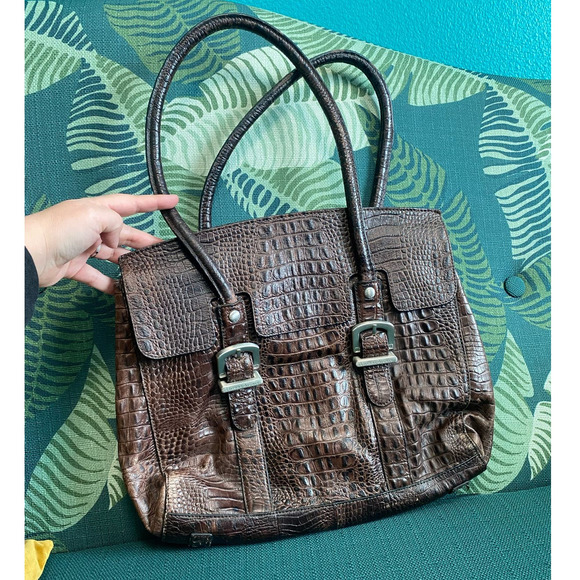 Etienne Aigner Genuine Leather Croc Embossed Satchel Bag - Picture 2 of 13